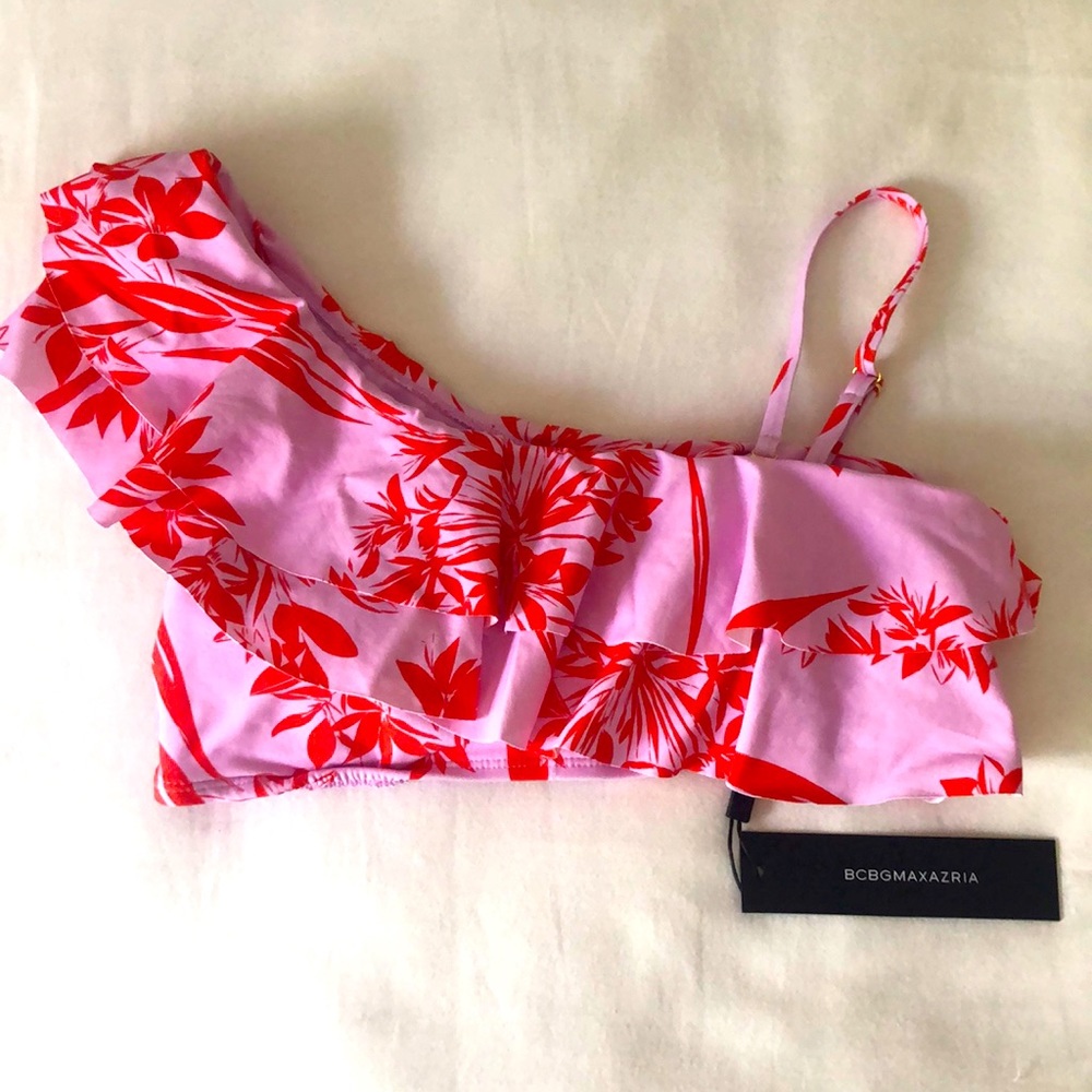 BCBG one shoulder tropical print bikini top